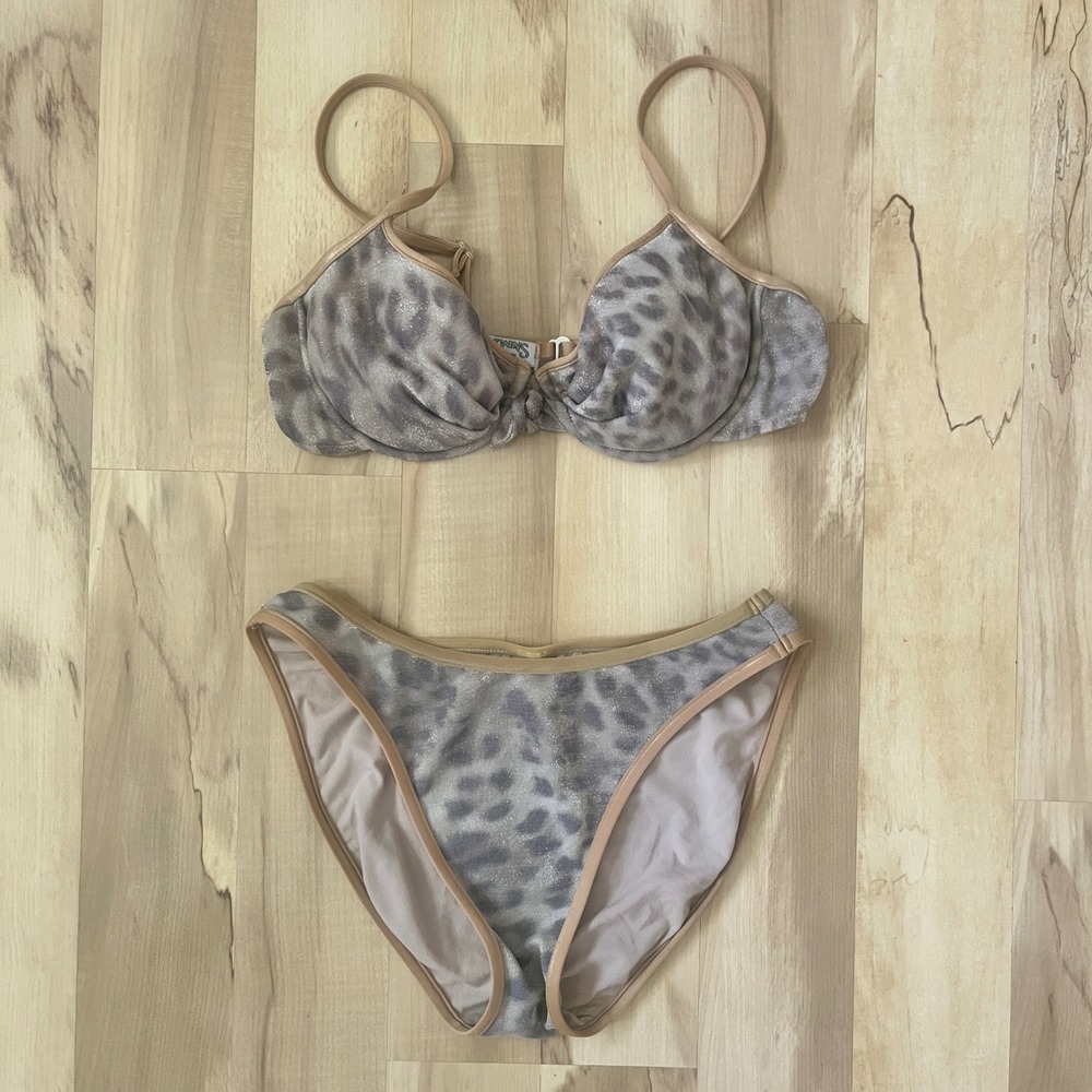 Vintage Bikini Women's Large Leopard Print Metallic Shimmer 90s Push Up High Cut